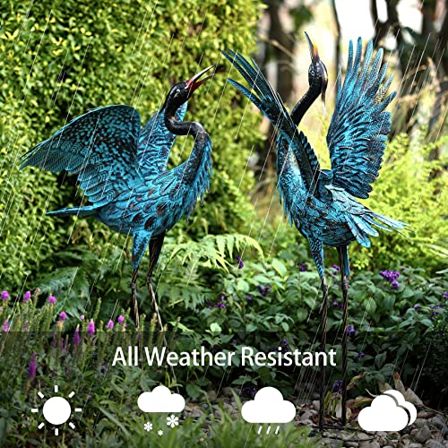 Natelf Garden Crane Sculptures & Statues, Blue Heron Decor Outdoor Large Bird Yard Art, Standing Metal Heron Lawn Ornaments for Home Patio Porch Backyard Decorations(Set of 2)