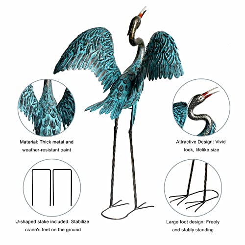 Natelf Garden Crane Sculptures & Statues, Blue Heron Decor Outdoor Large Bird Yard Art, Standing Metal Heron Lawn Ornaments for Home Patio Porch Backyard Decorations(Set of 2)