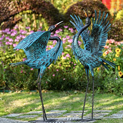 Natelf Garden Crane Sculptures & Statues, Blue Heron Decor Outdoor Large Bird Yard Art, Standing Metal Heron Lawn Ornaments for Home Patio Porch Backyard Decorations(Set of 2)