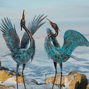 Natelf Garden Crane Sculptures & Statues, Blue Heron Decor Outdoor Large Bird Yard Art, Standing Metal Heron Lawn Ornaments for Home Patio Porch Backyard Decorations(Set of 2)