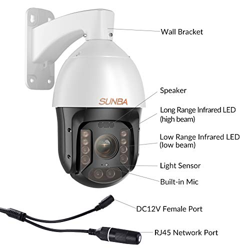 SUNBA Auto Tracking PTZ Camera PoE+ Outdoor, 36X Optical Zoom 5MP Smart Security Dome, RTMP for YouTube Live Streaming, Two-Way Audio, Night Vision up to 1500ft (P636 V2, Performance Series)