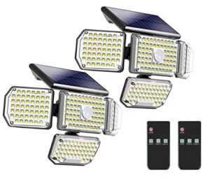 solar light outdoor motion sensor flood light, 214 led 500lm security light wall light porch light ip65 waterproof 4 adjustable heads 340°wide angle with 3 optional modes lighting for garden (2 pack)