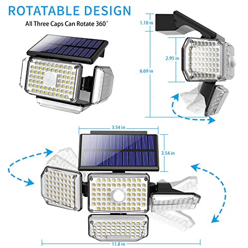 Solar Light Outdoor Motion Sensor Flood Light, 214 LED 500LM Security Light Wall Light Porch Light IP65 Waterproof 4 Adjustable Heads 340°Wide Angle with 3 Optional Modes Lighting for Garden (2 Pack)