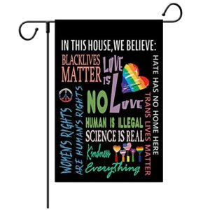 buyito in this house, we believe human-kind be both equality garden flag love is love black lives matter garden banner vertical double sided rustic farmland burlap yard lawn outdoor decor 12×18″