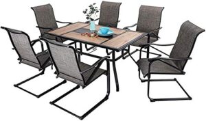 mfstudio 7pcs patio dining set, large rectangular wood like top table with 6 c-spring motion chairs, outdoor metal furniture set with umbrella hole for garden, backyard，brown