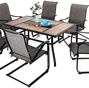 MFSTUDIO 7PCS Patio Dining Set, Large Rectangular Wood Like Top Table with 6 C-Spring Motion Chairs, Outdoor Metal Furniture Set with Umbrella Hole for Garden, Backyard，Brown