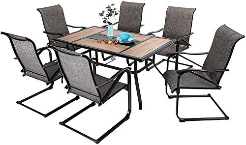 MFSTUDIO 7PCS Patio Dining Set, Large Rectangular Wood Like Top Table with 6 C-Spring Motion Chairs, Outdoor Metal Furniture Set with Umbrella Hole for Garden, Backyard，Brown