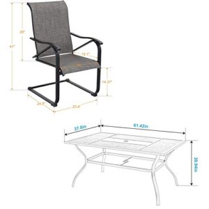 MFSTUDIO 7PCS Patio Dining Set, Large Rectangular Wood Like Top Table with 6 C-Spring Motion Chairs, Outdoor Metal Furniture Set with Umbrella Hole for Garden, Backyard，Brown