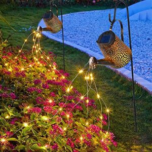 glintoper 2 pack outdoor solar watering can garden lights, metal waterfall figurine lights with shepherd hook, decorative yard art for mom, mothers day ideal gifts, for patio walkway pathway lawn