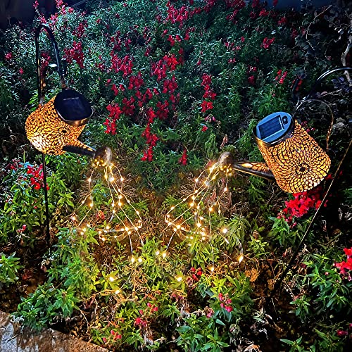 Glintoper 2 Pack Outdoor Solar Watering Can Garden Lights, Metal Waterfall Figurine Lights with Shepherd Hook, Decorative Yard Art for Mom, Mothers Day Ideal Gifts, for Patio Walkway Pathway Lawn