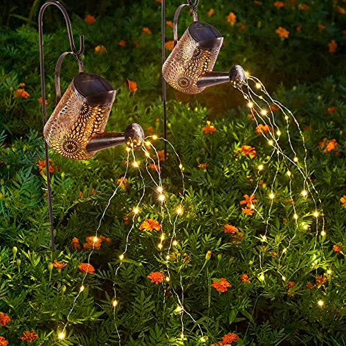 Glintoper 2 Pack Outdoor Solar Watering Can Garden Lights, Metal Waterfall Figurine Lights with Shepherd Hook, Decorative Yard Art for Mom, Mothers Day Ideal Gifts, for Patio Walkway Pathway Lawn