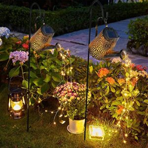 Glintoper 2 Pack Outdoor Solar Watering Can Garden Lights, Metal Waterfall Figurine Lights with Shepherd Hook, Decorative Yard Art for Mom, Mothers Day Ideal Gifts, for Patio Walkway Pathway Lawn