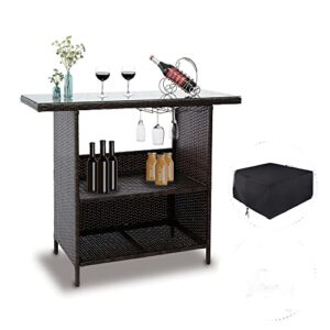 foowin pe wicker bar counter, 3 in 1 glass top outdoor patio bar table w/ 3 steel shelves, rattan bar counter w/ 3 sets of rails, gift waterproof cover and dust tablecloth for garden patio