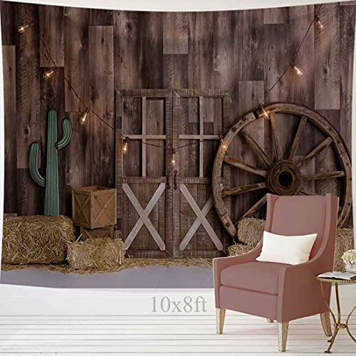 Allenjoy 10x8ft Western Cowboy Backdrop for Portrait Photography Pictures Wild West Wooden House Barn Door Vintage Kids Boy Child Baby Shower Birthday Party Supplies Decorations Background Banner Prop