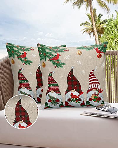 Christmas Gnomes Outdoor Pillow Covers 18 x 18 Inches, Winter Snowflake Waterproof Throw Pillow Cover Set of 2, Xmas Balls Pine ConeHome Decorative Square Cushion Covers for Patio/Tent/Couch/Garden