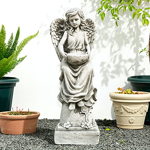 Glitzhome GH50526 Angel with a Bird Bath Garden Decor Statue, 31 Inch, Antique Beige