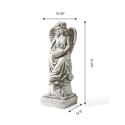 Glitzhome GH50526 Angel with a Bird Bath Garden Decor Statue, 31 Inch, Antique Beige