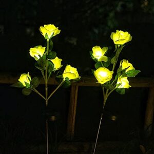 solar garden rose lights, decorman 2 pack realistic solar outdoor flower lights waterproof led stake landscape decorative lights with 10 roses for garden, lawn, yard, pathway, patio, backyard (yellow)