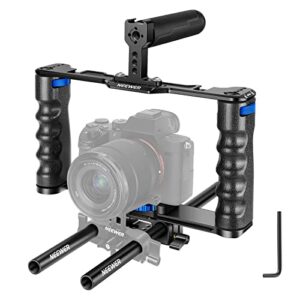 neewer aluminum alloy camera cage, filmmaking rig with top handle, dual grips & arca type base, compatible with sony a7s iii a7iv a6600 canon eos r5c r5 r6 dslr/mirrorless cameras – vs107, blue