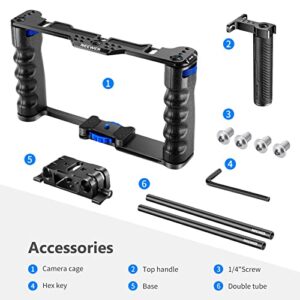 NEEWER Aluminum Alloy Camera Cage, Filmmaking Rig with Top Handle, Dual Grips & Arca Type Base, Compatible with Sony A7S III A7IV A6600 Canon EOS R5C R5 R6 DSLR/Mirrorless Cameras - VS107, Blue