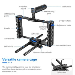 NEEWER Aluminum Alloy Camera Cage, Filmmaking Rig with Top Handle, Dual Grips & Arca Type Base, Compatible with Sony A7S III A7IV A6600 Canon EOS R5C R5 R6 DSLR/Mirrorless Cameras - VS107, Blue