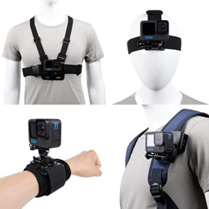 accessories set for gopro hero 11/10/9/8/7/6/5/4,new quick release head strap mount + chest mount harness + backpack clip holder + 360°rotating wrist strap