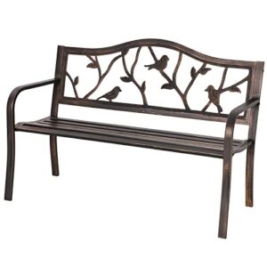 sophia & william outdoor garden park bench patio metal bench, steel frame bench with backrest and armrests for porch, lawn, balcony, backyard and indoor, bronze