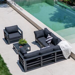 LebenLiebe 5 Pieces Patio Furniture Set Outdoor Aluminum Sectional Sofa Couch All-Weather Conversation Set with Upgraded Dark Grey Cushions