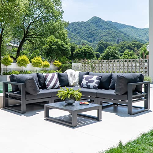 LebenLiebe 5 Pieces Patio Furniture Set Outdoor Aluminum Sectional Sofa Couch All-Weather Conversation Set with Upgraded Dark Grey Cushions