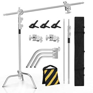 photo studio stainless steel heavy duty c stand with boom arm – max height 11ft/331cm photography light stand with 4ft/128cm holding arm, 2 grip head for studio monolight, softbox, reflector