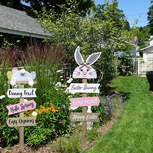 DECSPAS 2 PCS Easter Decorations, 37" Decorative Garden Stakes Easter Spring Outdoor Garden Decor, White Easter Bunny Happy Easter Sign Spring Decorations for The Home, Outdoor, Yard, Patio