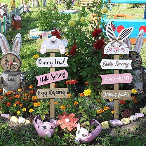 DECSPAS 2 PCS Easter Decorations, 37" Decorative Garden Stakes Easter Spring Outdoor Garden Decor, White Easter Bunny Happy Easter Sign Spring Decorations for The Home, Outdoor, Yard, Patio