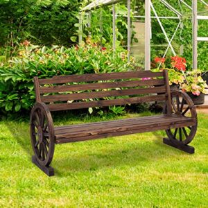 kinlife outdoor bench porch bench 2-person wooden wagon wheel garden bench, wagon slatted seat with backrest for backyard, patio, garden