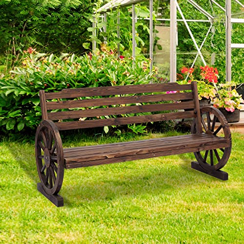 Kinlife Outdoor Bench Porch Bench 2-Person Wooden Wagon Wheel Garden Bench, Wagon Slatted Seat with Backrest for Backyard, Patio, Garden