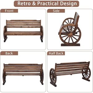 Kinlife Outdoor Bench Porch Bench 2-Person Wooden Wagon Wheel Garden Bench, Wagon Slatted Seat with Backrest for Backyard, Patio, Garden