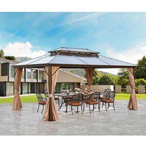 mellcom 12 x 16ft polycarbonate hardtop gazebo, double roof aluminum gazebo, outdoor waterproof gazebo with netting and curtains for patios, garden, deck, lawns