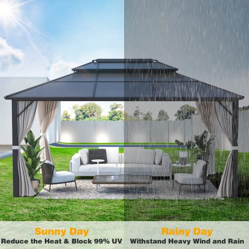 MELLCOM 12 x 16ft Polycarbonate Hardtop Gazebo, Double Roof Aluminum Gazebo, Outdoor Waterproof Gazebo with Netting and Curtains for Patios, Garden, Deck, Lawns