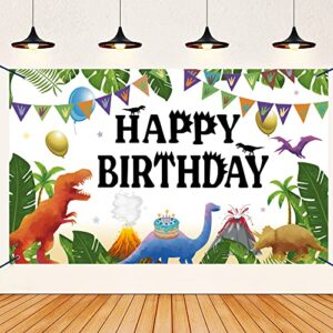 watercolor dinosaur happy birthday banner backdrop, 73” x 43” jungle theme dinosaur birthday party decoration supplies photography background for boys