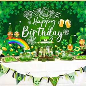 Ushinemi St Patricks Day Birthday Decorations, St. Patrick's Day Happy Birthday Backdrop Banner, Lucky Clover Shamrock Gnome Birthday Party Background 6 x 3.6 ft