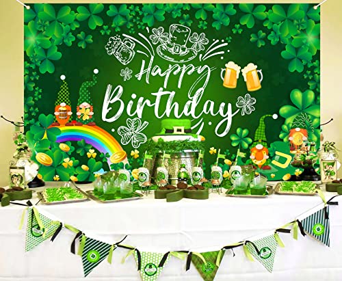 Ushinemi St Patricks Day Birthday Decorations, St. Patrick's Day Happy Birthday Backdrop Banner, Lucky Clover Shamrock Gnome Birthday Party Background 6 x 3.6 ft