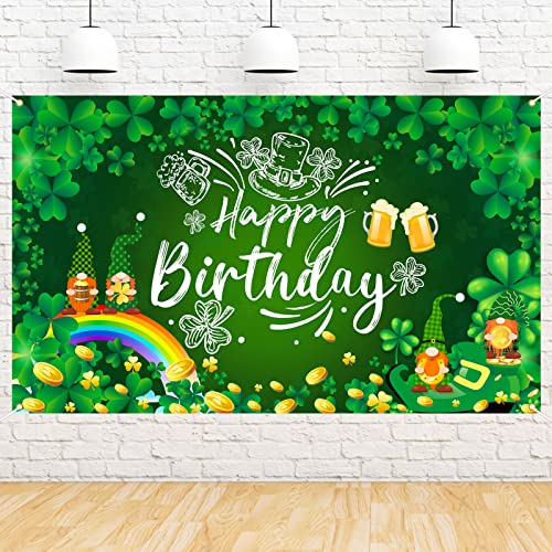 Ushinemi St Patricks Day Birthday Decorations, St. Patrick's Day Happy Birthday Backdrop Banner, Lucky Clover Shamrock Gnome Birthday Party Background 6 x 3.6 ft