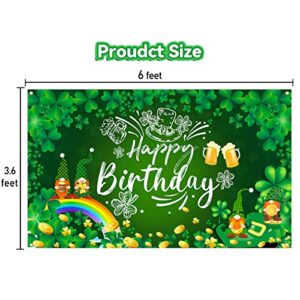 Ushinemi St Patricks Day Birthday Decorations, St. Patrick's Day Happy Birthday Backdrop Banner, Lucky Clover Shamrock Gnome Birthday Party Background 6 x 3.6 ft