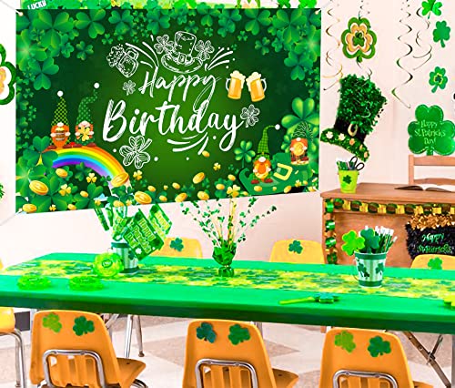 Ushinemi St Patricks Day Birthday Decorations, St. Patrick's Day Happy Birthday Backdrop Banner, Lucky Clover Shamrock Gnome Birthday Party Background 6 x 3.6 ft