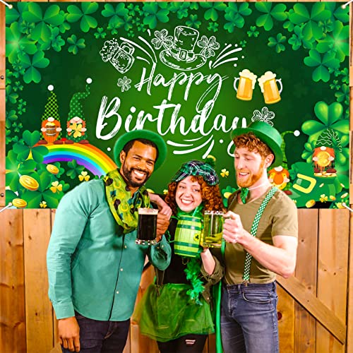 Ushinemi St Patricks Day Birthday Decorations, St. Patrick's Day Happy Birthday Backdrop Banner, Lucky Clover Shamrock Gnome Birthday Party Background 6 x 3.6 ft