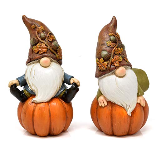 Thanksgiving Pumpkin Garden Gnome Figurines with White Beard Set of 2 for Home Garden Lawn Outdoor Fairy Statue Decoration Holiday Yard Decor