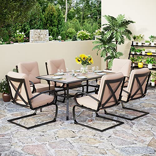 PHI VILLA 7 Pcs Patio Dining Set, Outdoor Furniture Dining Set with 6 Spring Motion Chair with 3.9" Cushion & 1 Large Rectangular Table for Garden, Lawn, Beige