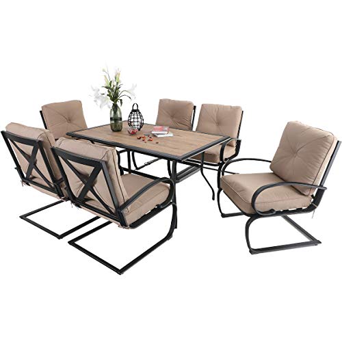PHI VILLA 7 Pcs Patio Dining Set, Outdoor Furniture Dining Set with 6 Spring Motion Chair with 3.9" Cushion & 1 Large Rectangular Table for Garden, Lawn, Beige