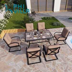 PHI VILLA 7 Pcs Patio Dining Set, Outdoor Furniture Dining Set with 6 Spring Motion Chair with 3.9" Cushion & 1 Large Rectangular Table for Garden, Lawn, Beige