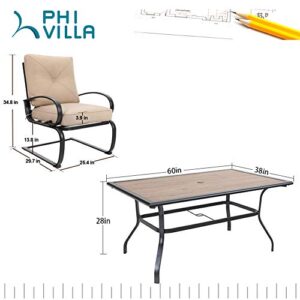 PHI VILLA 7 Pcs Patio Dining Set, Outdoor Furniture Dining Set with 6 Spring Motion Chair with 3.9" Cushion & 1 Large Rectangular Table for Garden, Lawn, Beige