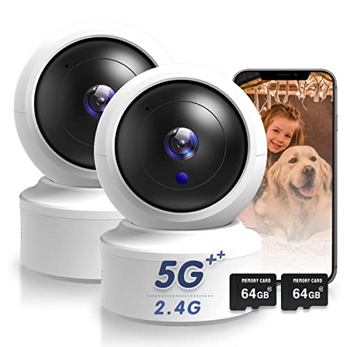 Indoor Security Camera, 2K HD Pan/Tilt Wireless Pet Camera for Baby Monitor, 5G & 2.4G WiFi Home Security Camera for Dog/Nanny, Night Vision, Siren, Compatible with Alexa & Google 2Pcs (64G SD Card)